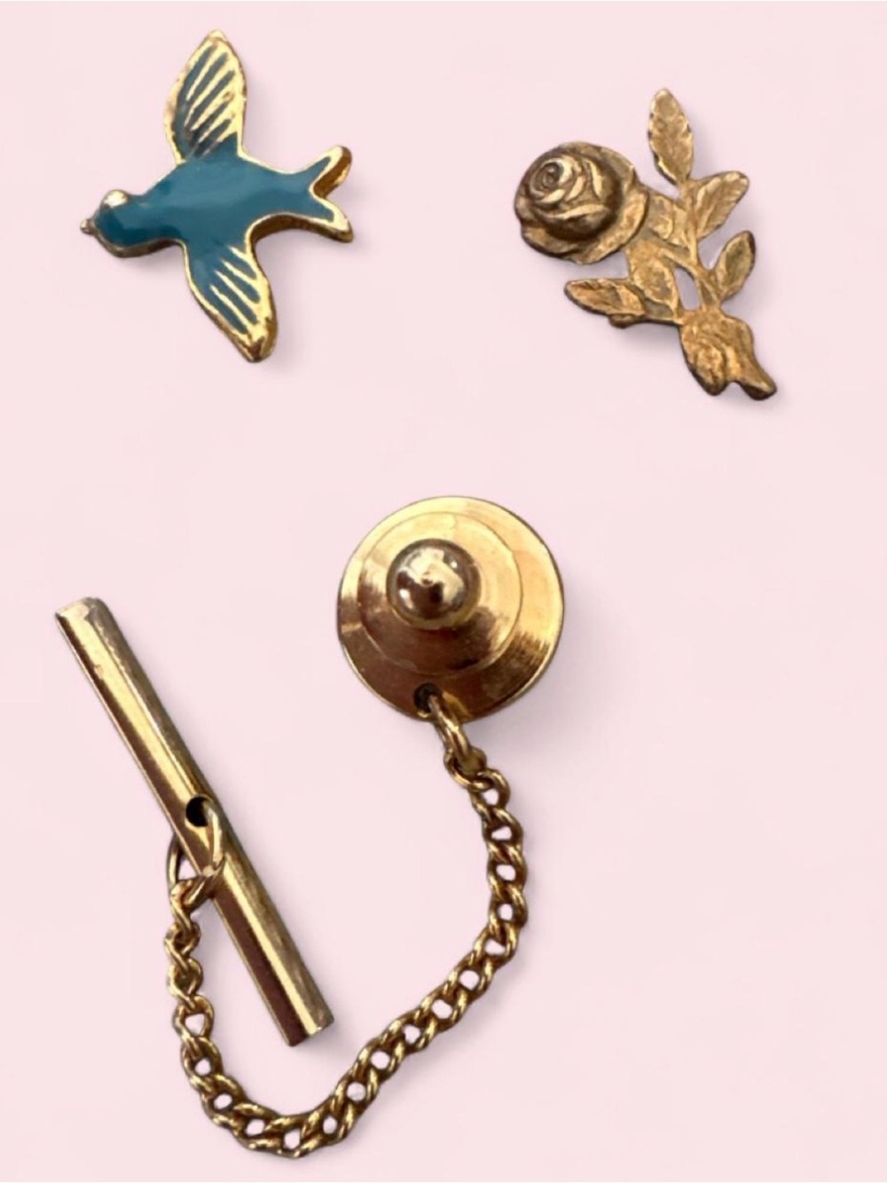 Gold Tie Tack Set with Blue Enamel Bird & Rose